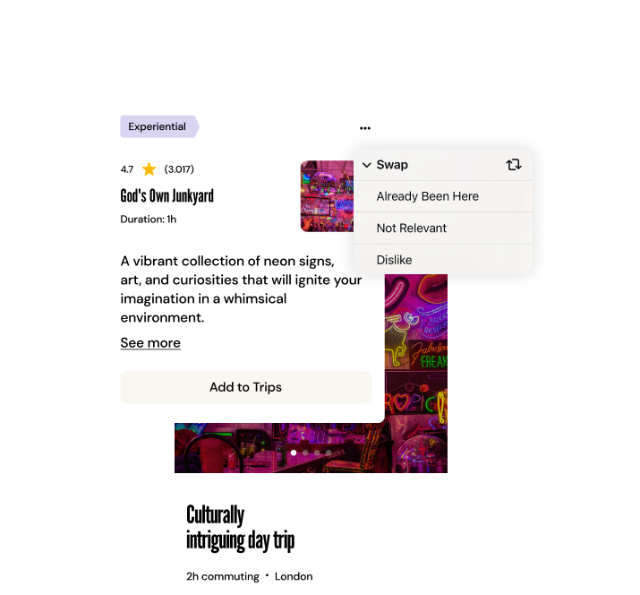 Representative screen of an itinerary card with the option to swap it.